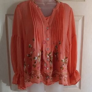Hope Springs Embroidered Coral Blouse With Tank Underneath  2 Pc. Sz.Large